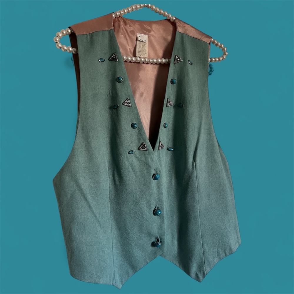 Vintage turquoise embellished vest top button up large western v neck notched